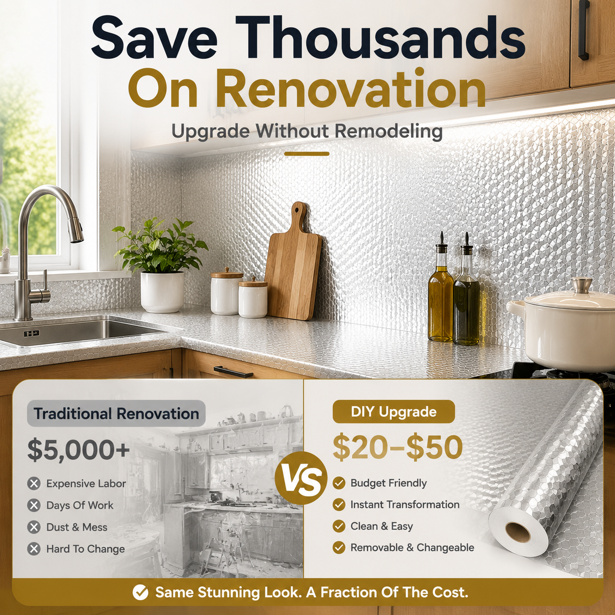 Peel & Stick Kitchen Makeover Film β Waterproof DIY Countertop & Cabinet Cover