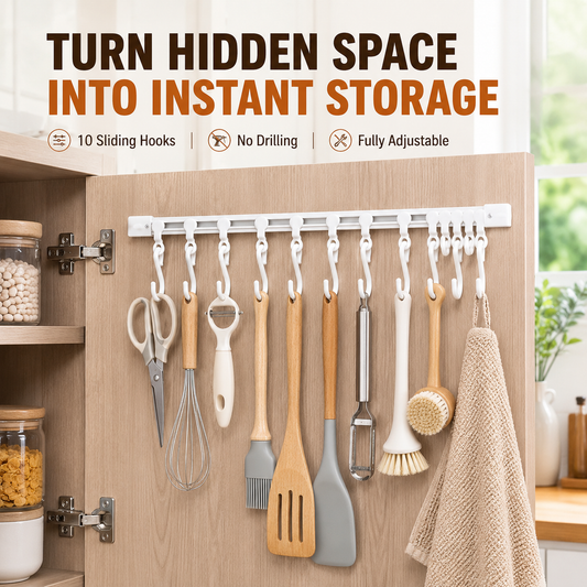 No-Drill Sliding Rail Hook Organizer – 10 Adjustable Cabinet Hooks
