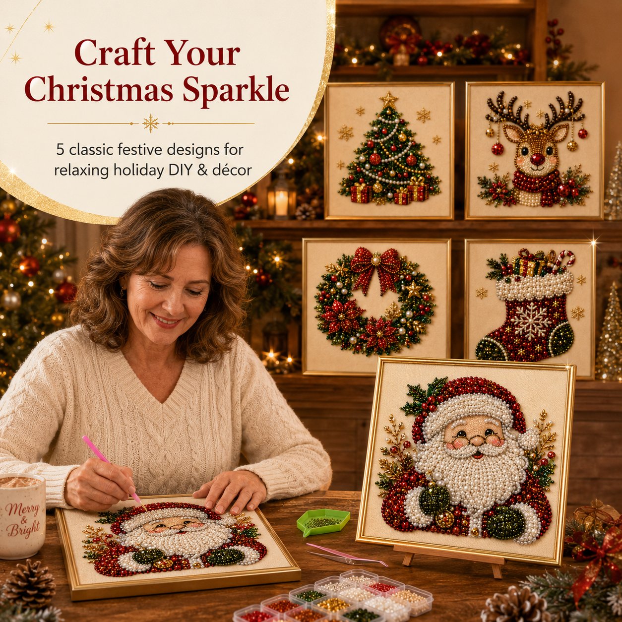 5-in-1 3D Pearl Art Kit – Christmas DIY Craft Set for Kids & Family Creative Fun