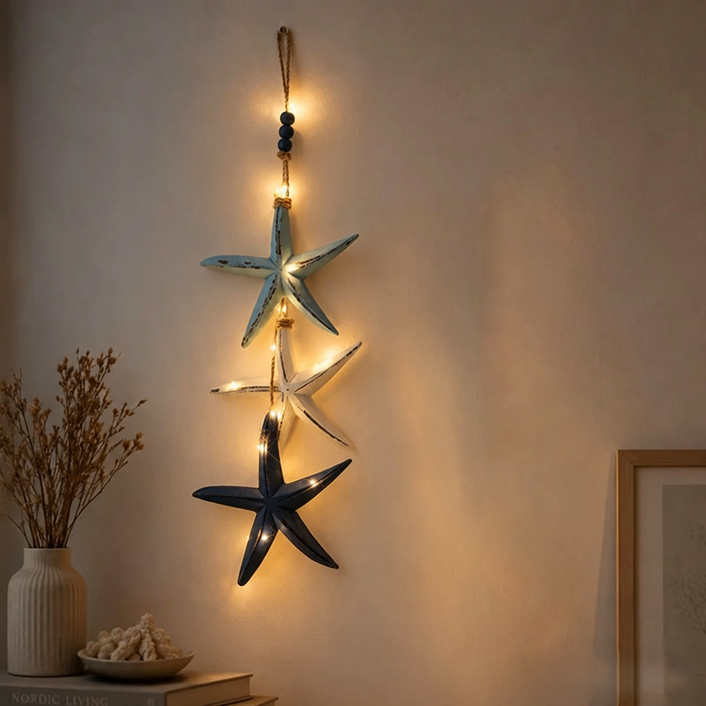 Lighted Coastal Wooden Starfish & Fish Hanging Decor