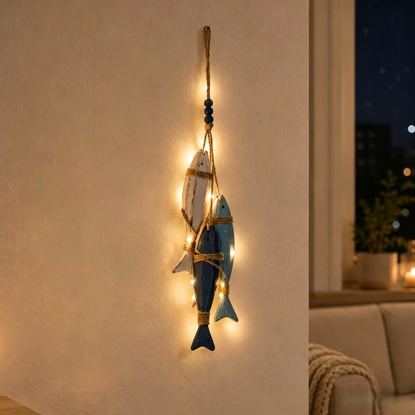 Lighted Coastal Wooden Starfish & Fish Hanging Decor