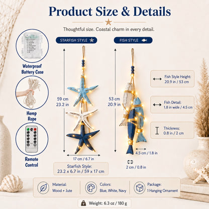 Lighted Coastal Wooden Starfish & Fish Hanging Decor