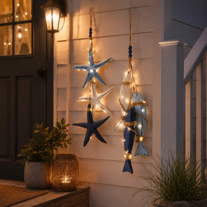 Lighted Coastal Wooden Starfish & Fish Hanging Decor