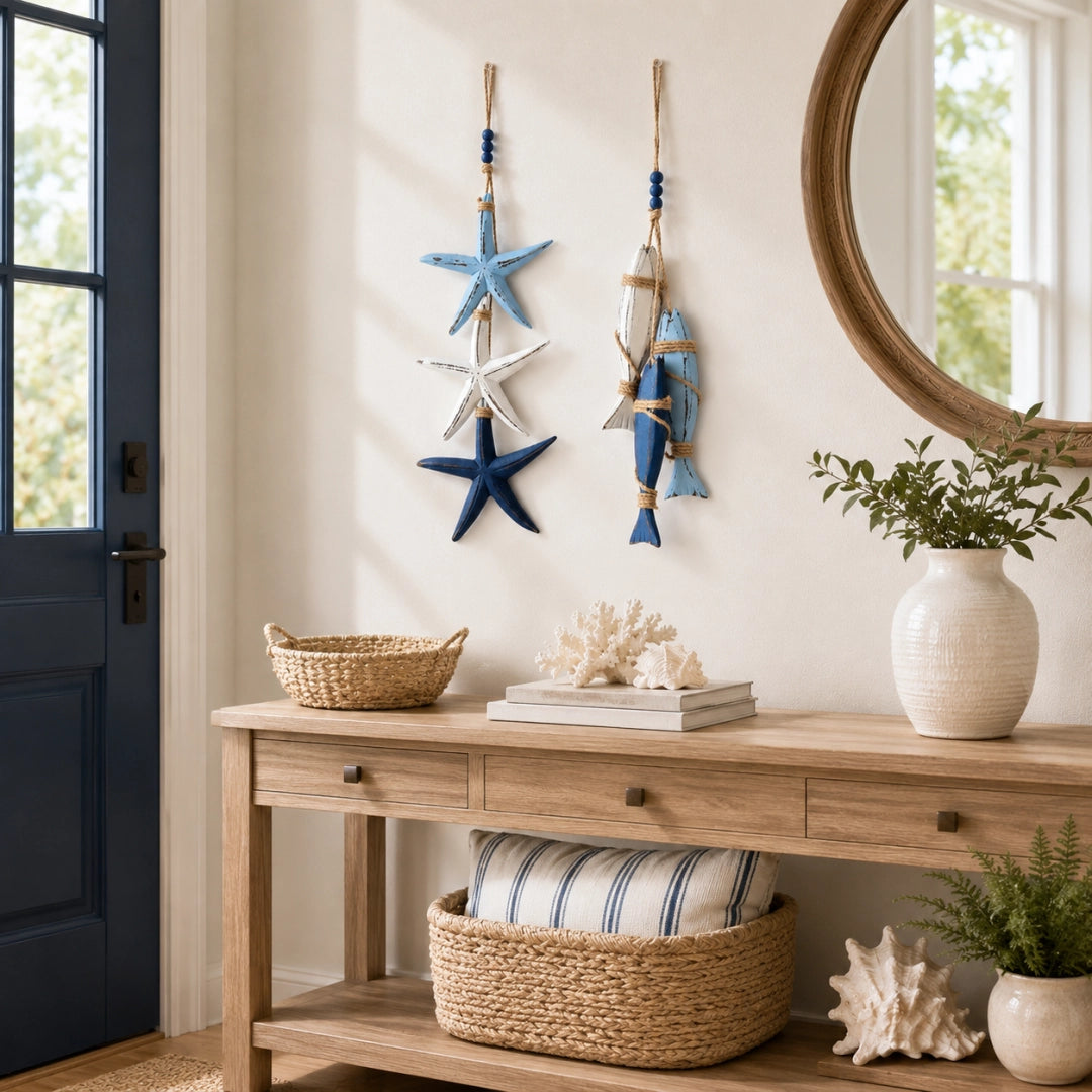 Lighted Coastal Wooden Starfish & Fish Hanging Decor