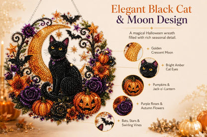 Black Cat Moon Diamond Art Hanging Ornament Kit – Relaxing DIY Halloween Craft