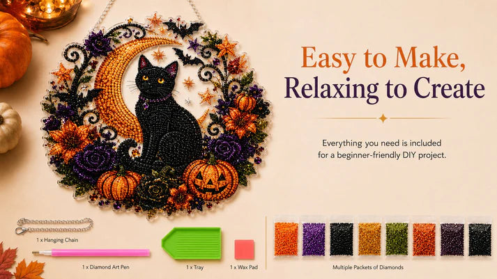 Black Cat Moon Diamond Art Hanging Ornament Kit – Relaxing DIY Halloween Craft